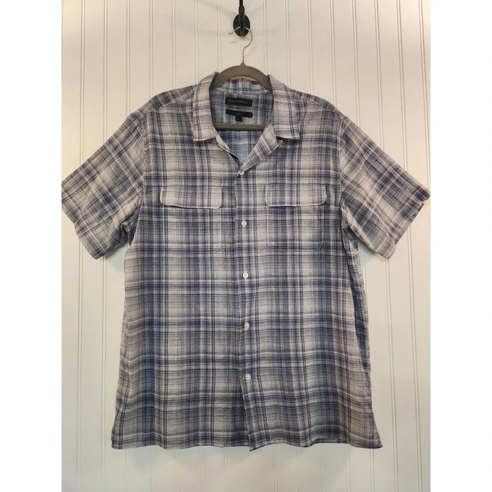Banana Republic Mens L Slim Fit Short Sleeve Plaid Button Down Shirt Blue Sheer